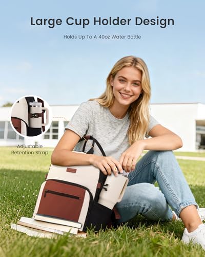 LOVEVOOK Laptop Backpack for Women - Stylish Work Backpack with Large Cup Holder, Waterproof College Teacher Backpack, Beige-Brown, 15.6Inch