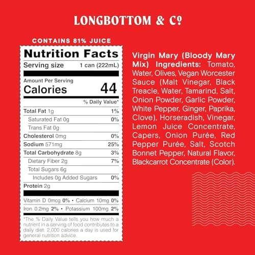 Longbottom & Co. Virgin Bloody Mary Mix Tomato Juice (4 Pack) | Premium Cocktail Mixer Made with Fresh Pressed Tomatoes | Low in Sodium, Vegan, Non-GMO, | No Artificial Flavors | 7.5 Fl Oz Cans