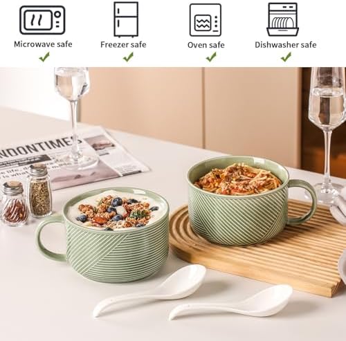 Microwave Soup Bowls with Handles: 38 Ounce Extra Large Ceramic Soup Mug with Handle & Spoon - Oversized Ramen Bowl Set of 2, 6 Inch, Green