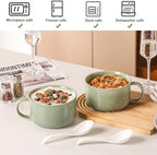 Microwave Soup Bowls with Handles: 38 Ounce Extra Large Ceramic Soup Mug with Handle & Spoon - Oversized Ramen Bowl Set of 2, 6 Inch, Green