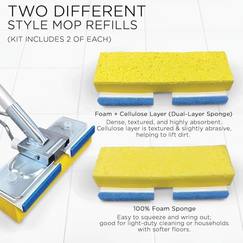 LOLA Squeezematic Butterfly Automatic Sponge Mop, 4 Mop Heads - 2 Foam w/ Cellulose Layer & 2 All Foam, 9" Head w/ Scuff Remover