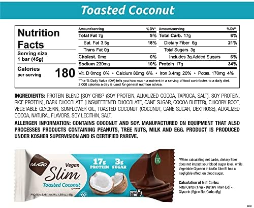 NuGo Slim Dark Chocolate Toasted Coconut, 16g Vegan Protein, 3g Sugar, 7g Fiber, Low Net Carb, Keto Friendly, Gluten Free, 12 C
