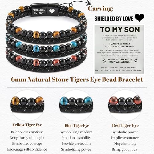 The Guardian - Son's Tiger Eye Protection Bracelet for Men, To My Son Bracelet from Mom Leather Black Beaded Bracelet, Handmade Cuff Inspirational Jewelry for Gift for Christmas Birthday
