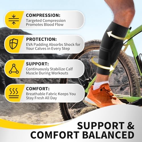 CAMBIVO Calf Compression Sleeves with EVA Pads for Shin Splints, Shin Guards for Men & Women, Leg Brace Support for Running (Pure Black, Large)