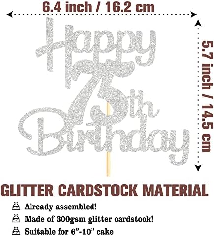 Sotpot Happy 75th Birthday Cake Topper Silver Glitter 75th Cake Toppers 75 Birthday Cake Decorations for Cheers to 75 Fabulous Birthday Party Supplies- 1 Pack