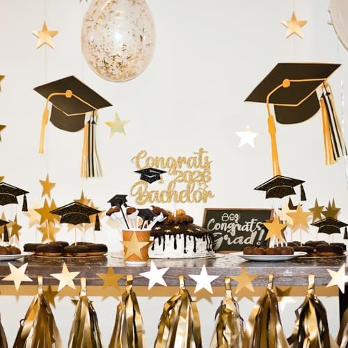 Congrats Bachelor Cake Topper, Finally Done with This B.S. Cake Decor, Class of 2026 Bachelor Degree College Graduation Party Decorations Supplies, Gold and Black