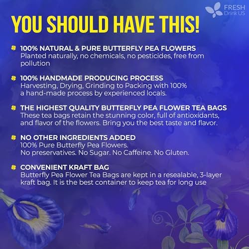 FreshDrinkUS, 100 Premium Butterfly Pea Flower Tea Bags – 100% Pure & Natural | Caffeine-Free Herbal Blue Tea | No Additives, Non-GMO, Made With Natural Material Tea Bag, No Sugar, No Caffeine, No Gluten, Vegan