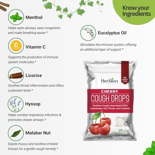HERBION Naturals Cough Drops with Natural Cherry Flavor, Dietary Supplement, Soothes Cough, for Adults and Children Over 6 Years, 25 Drops, No Artificial Flavor, Pack of 1