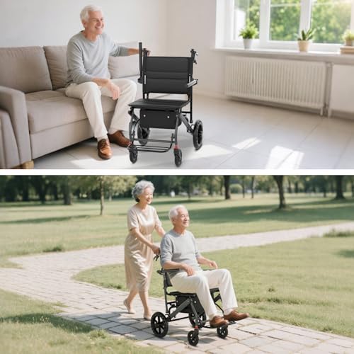 Nihhcune Foldable Wheelchair for Seniors, Ultra Lightweight Rolling Transport Chair with One-Hand Fold No Installation Portable Travel Wheelchair with Handbrake Seat Belt Storage Bag, 300lb Capacity