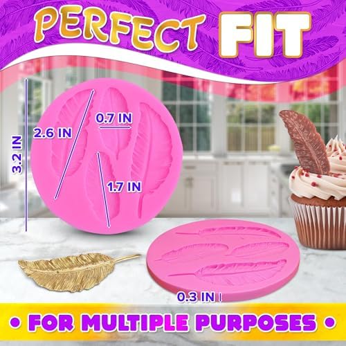 Feather Mold Silicone – Feather Chocolate Mold – 0.3" Thick Pink 3D Design, Different Sizes of Feathers, Easy to Use, Flexible & Reusable, Works with Various Materials | for Pastry Cake Decorations