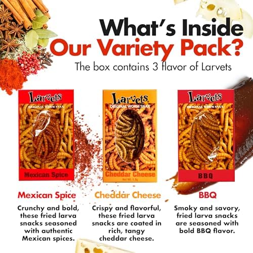 HotLix Larvets Edible Bugs (3-Pack) | Real Flavored Dried Worms in Mexican Cheese, Cheddar Cheese & BBQ | Flavored Edible Larvae | Weird Snacks for Adults | Snack Food Gifts for Any Occasions