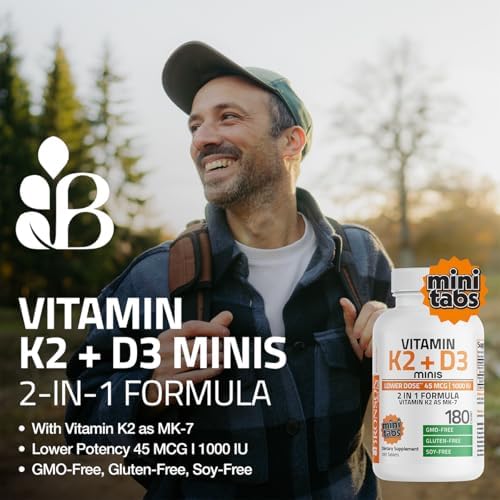 Bronson Vitamin K2 (MK7) with D3 Lower Dose 45mcg Vitamin K2 & 1000 IU Vitamin D3 Easy to Swallow Daily Maintenance 2 in 1 Formula Non-GMO, 360 Mini Tablets