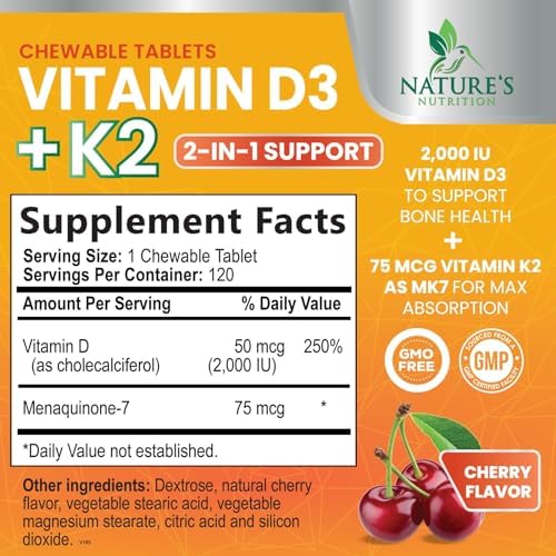 Vitamin D 2000 IU 50mcg Per Serving - Vitamins D3 & K2 (MK7) Complex Supplement for Bone, Teeth, Muscle, Calcium Absorption, Supports Immune & Heart Health, Chewable Formula USA Bottled - 120 Tablets