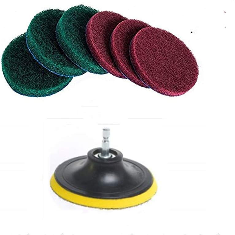 5 Inch Drill Powered Brush Tile Scrubber Scouring Pads Cleaning Kit, 2 Different Stiffness, 5-Inch Disc Pad Holder with 6 Scrubbing Pads, Cleans Large Flat Areas Perfectly (5-inch)