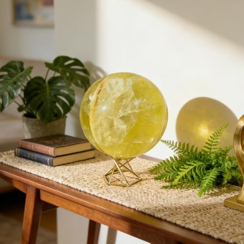 Natural Stone Crystal Sphere Feng Shui Home Decoration Ball Positive Energy Scrying Orb for Meditation Tool for Spiritual Space Purification Globe Diameter 6-7cm Citrine Sphere