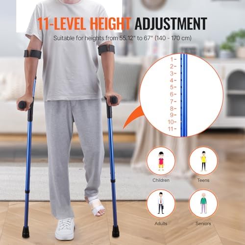VEVOR Forearm Crutches for Adults, 11-Level Height Adjustable Walking Crutches with 4-Level Upper Cuff, Lightweight Aluminum Medical Support Crutches for Leg Injury Surgery Disabled, 1 Pair (350LBS)