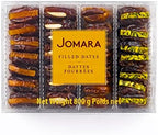 Jomara Premium Filled Dates Mix Pack 4 Flavors | 28oz / 800g | Natural Dates filled with Orange Peel, Caramelized Pecan, Roasted Almond or Pistachio| Healthy Dried Fruit for Snacking | Natural Source
