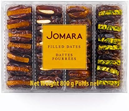 Jomara Premium Filled Dates Mix Pack 4 Flavors | 28oz / 800g | Natural Dates filled with Orange Peel, Caramelized Pecan, Roasted Almond or Pistachio| Healthy Dried Fruit for Snacking | Natural Source