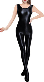 Women's Glossy Sleeveless Bodysuit Shiny Oil Sport Jumpsuit One Piece Silky Stretchy Tights Leotard