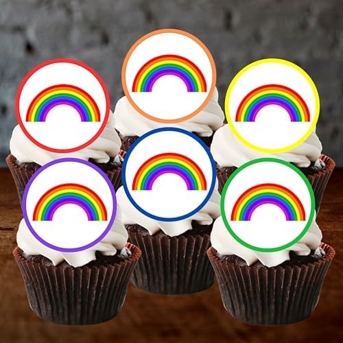 Rainbow Edible Cupcake Toppers, Pride Cupcake Decorations, Rainbow Gender Reveal Edible Cake Topper, Colourful Easter Decor for Cakes and Cookies 48 x 3cm / 1.18 inch UNCUT