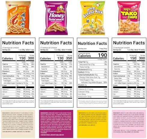 Nongshim Korean Variety Snack Pack, Original Shrimp Crackers, Honey Twist Snack, Banana Kick, Tako Chips, Variety Pack, Snacks for Kids, Sport Event Essential, Korean Snacks (Pack of 4)