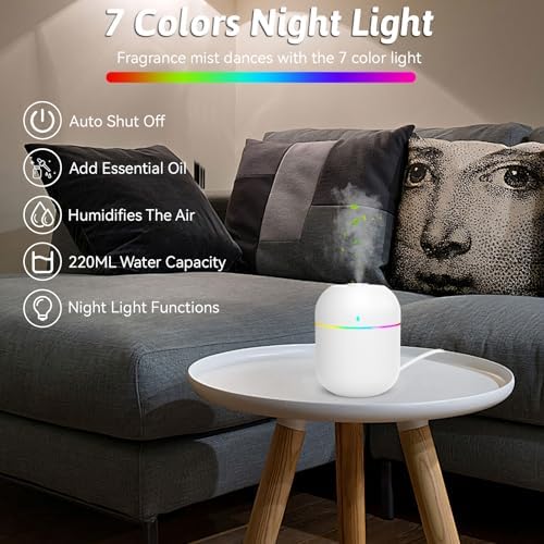 220ml Mini Essential Oil Diffuser for Desk, Small Humidifiers for Bedroom Aromatherapy Diffusers for Home Fragrance Aroma Diffuser with Night Light & Auto-Off
