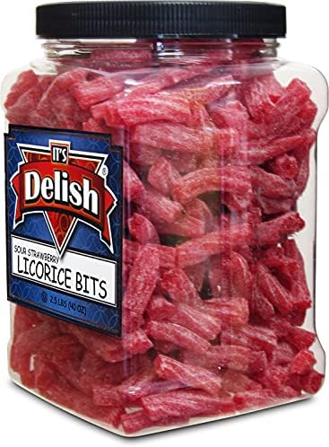 Sweet & Sour Strawberry Licorice Bits by Its Delish, 2.5 LBS (40 Oz) Jumbo Container Jar – Chewy Red Strawberry Lightly Sour Candy Twists – Great Gifts Party Sweets – Made in USA, Vegan, Kosher