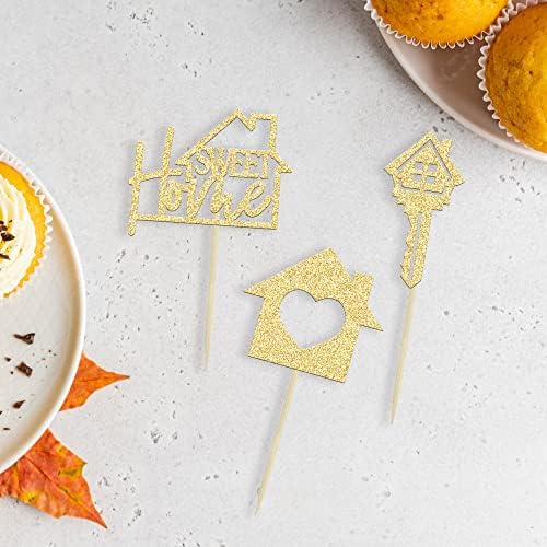 Gyufise 24PCS Sweet Home Cupcake Toppers Gold Glitter Key Housewarming Cupcake Picks New Home Theme Party Cake Decorations Supplies