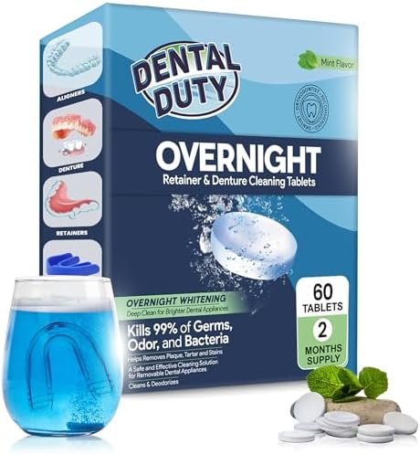 60 units Overnight Retainer & Denture Cleaning Tablets- Extra Strength, Best Cleaner Removes Bad Odor, Plaque, Stains from Retainers, Night Guards, Mouth Guard, & Dental Appliances.