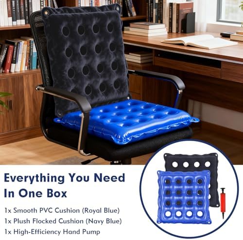 2-Pack Set Inflatable Seat Cushions for Pressure Relief - Waffle Design Air Cushion for Wheelchair, Office Chair & Car Travel, Extra Thick with Dual Pumps (18.5x18.5 Inch, Flocked Navy & Royal Blue)