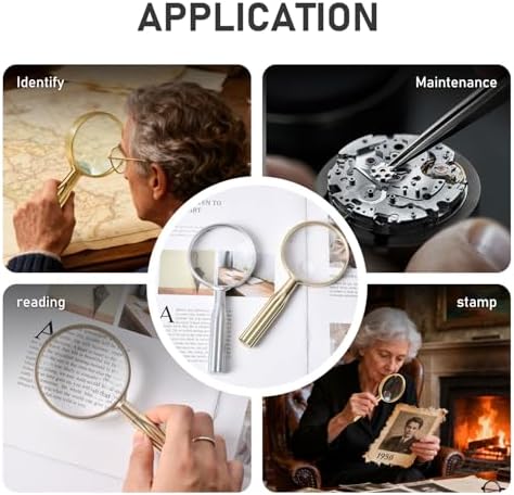 Lakei Magnifying Glass,10X Handheld Reading Magnifying Glass， 75mm Shatter Resistant Lens, Non-Slip Handle, Suitable for Elderly Reading, Adults Close Work, Hobbies and Science (Gold)
