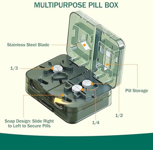 Pill Cutter Splitter for Small and Tiny Pills with Centering Device & Storage Box, 3-in-1 Tool for 1/2, 1/3, 1/4 Pills Splitter, Travel & Daily Organizer for Small and Large Tablets