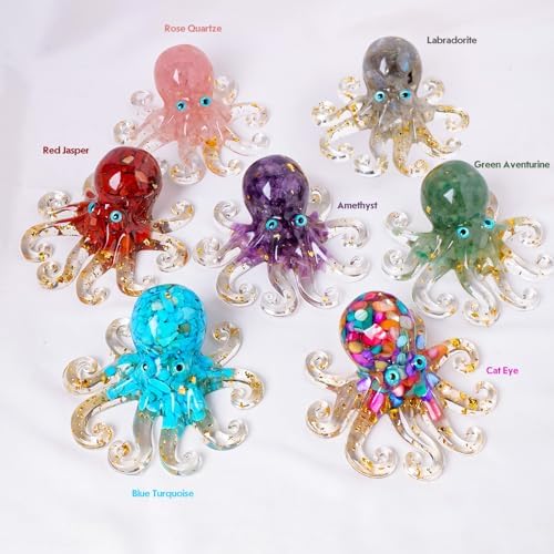 Octopus Decor Aquarium Decorative Resin Glass with Natural Crystal Stone Marine Animals Fish Tank Ornaments Statue Healing Home Decor Ladies Gift 3.93"