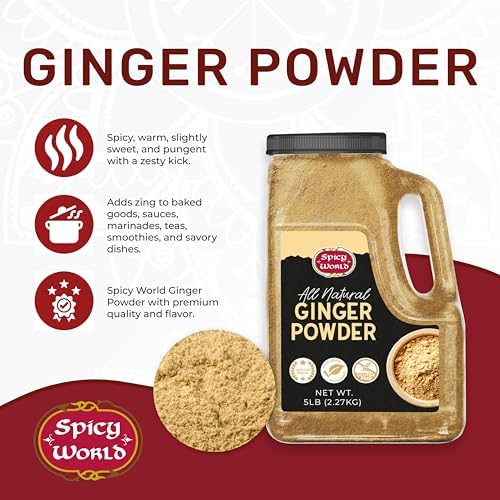 Spicy World Ginger Powder 5 LB Jar – Gluten Free, Bulk Ground Dried Ginger Root, Pure Zingiber Officinale, Non-GMO, Warm & Spicy Flavor for Cooking, Baking, and even Teas