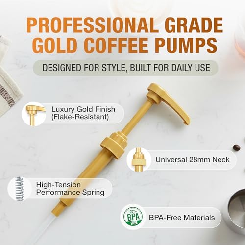 PERMINKS Premium Coffee Syrup Pump Dispenser, Fits 750ml Torani, Skinny & Davinci Bottles, Precise 1/4 oz Flow, Lockable Leak-Proof Design for Coffee Bar Accessories & Essential (4-Pack, Gold)