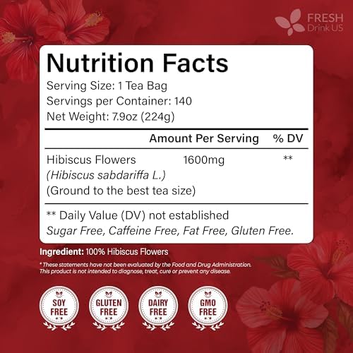 FRESHDRINKUS 140 Hibiscus Flowers Tea Bags, 100% Natural, Pure from Hibiscus Flowers. Loose Flower Hibiscus Herbal Tea. Hibiscus Flower Tea. No Sugar, No Caffeine, No Gluten, Vegan.