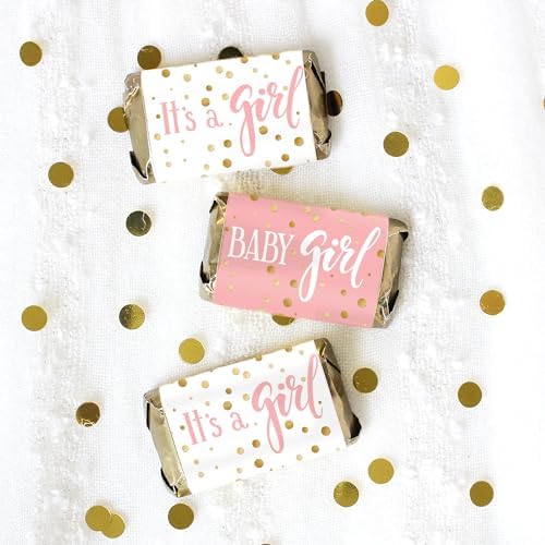 Pink and Gold It's a Girl Baby Shower Wrappers for Mini Chocolate Bars, Baby Shower Party Favor Candy Stickers - 42 Count