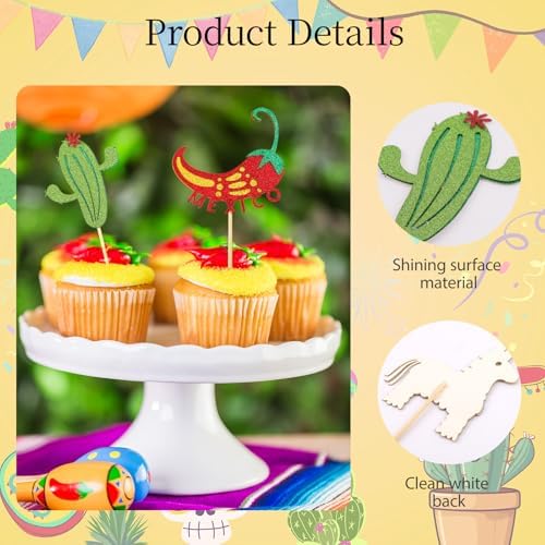 24 Pcs Fiesta Cupcake Toppers Glitter Mexican Cupcake Toppers Taco Castus Cake Decorations for Mexican Party Decorations Fiesta Theme Birthday Party Supplies