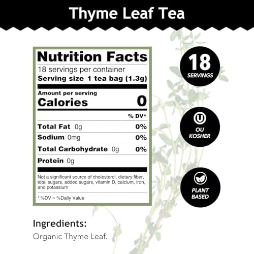 Buddha Teas - Organic Thyme Leaf Tea - Herbal Tea - For Health & Wellbeing - With Antioxidants & Minerals - Clean Ingredients - Caffeine Free - OU Kosher - 18 Tea Bags (Pack of 1)