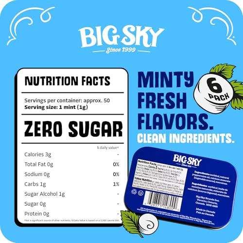 Big Sky Sugar Free Peppermint Mints - 50 Count Tin (Pack of 6) | Kosher Certified, Vegan Peppermint Candy | Aspartame & Gluten Free | Natural Breath Mints for Travel & Sharing, Long Lasting Freshness