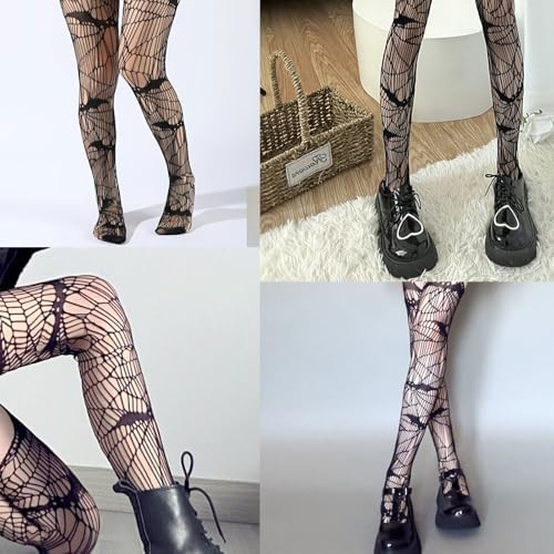 Halloween Spiderweb Tight Stockings Black Fishnet Pantyhose Bat Spider Web Thigh High Stockings Striped Lolita Women Gothic Stockings, Small