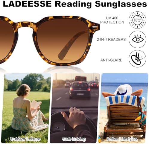 LADEESSE Reading Sunglasses for Women, Stylish Reading Glasses, Lightweight Square Readers for Men & Women