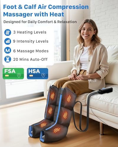 Air Compression Leg Massager with Heat : MUSUGY Sequential Foot and Calf Massager for Circulation and Pain Relief, with 9 Intensity, 6 Modes, 3 Heat - for Mom, Dad, Standing Jobs & Daily Relaxation