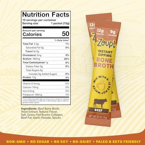 Zoup! Instant Sipping Bone Broth Mix - Paleo and Keto Friendly with 12 Grams of Protein - Non-GMO - Bone Broth Protein Powder Packets To Go - Beef, .53 oz. (Pack of 30)