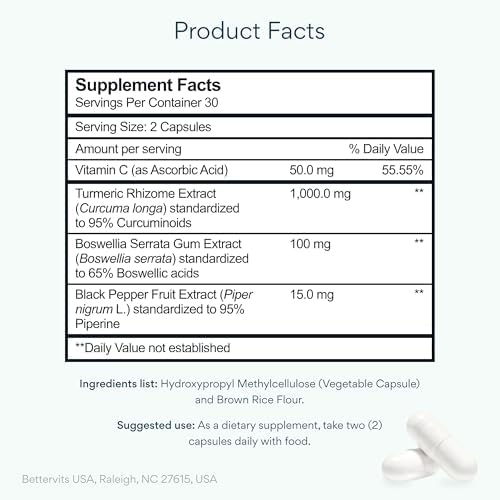 Bettervits Turmeric Curcumin Supplement with Black Pepper and Boswellia Serrata | Organic 1000mg Turmeric Supplement for Enhanced Absorption and Vitamin C | Joint Support - Non-GMO | 60 Vegan Capsules