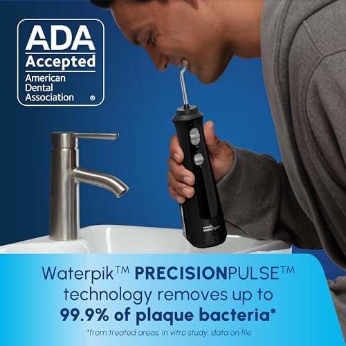 Waterpik Cordless Pearl Rechargeable Portable Water Flosser for Teeth, Gums, Braces Care and Travel, Extra Quiet, 4 Flossing Tips - ADA Accepted, WF-13 Black, Amazon Exclusive