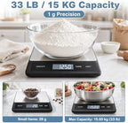 33LB/15KG Digital Kitchen & Food Scale – Waterproof Stainless Steel, USB Rechargeable, 1g Precision, Tare Function for Cooking, Baking, Meal Prep