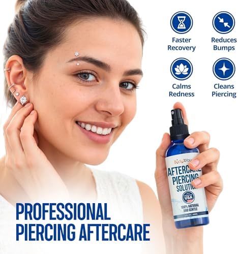 BodyJ4You Piercing Aftercare Spray - Saline Solution Natural Keloid Bump Removal - Ear Piercing Cleaner Nose Septum Belly Button Cartilage - Sea Salt Aloe Vera Rosemary - Fine Mist 2 Fl Oz