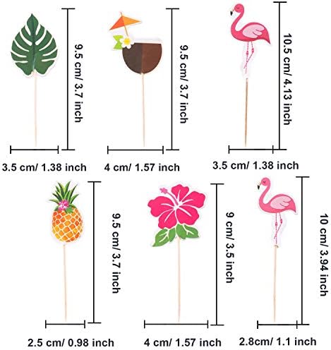 Luau Cupcake Toppers Tropical Cake Decorations Hawaiian Toothpicks Sticks with Flamingo Pineapple Palm Leaves Shape Picks for Summer Beach Theme Party Favors Supplies, 6 Styles (72)
