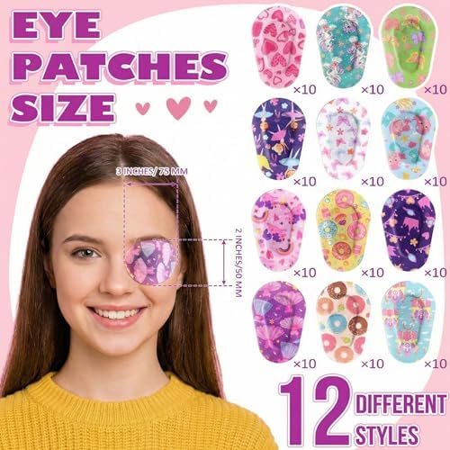 60 Pcs Adhesive Kids Eye Patches for Girls Toddler Eye Patches Bulk Breathable Material, Light Blocking Cotton Colorful and Fun Designs Adhesive Bandages for Girls, 12 Styles